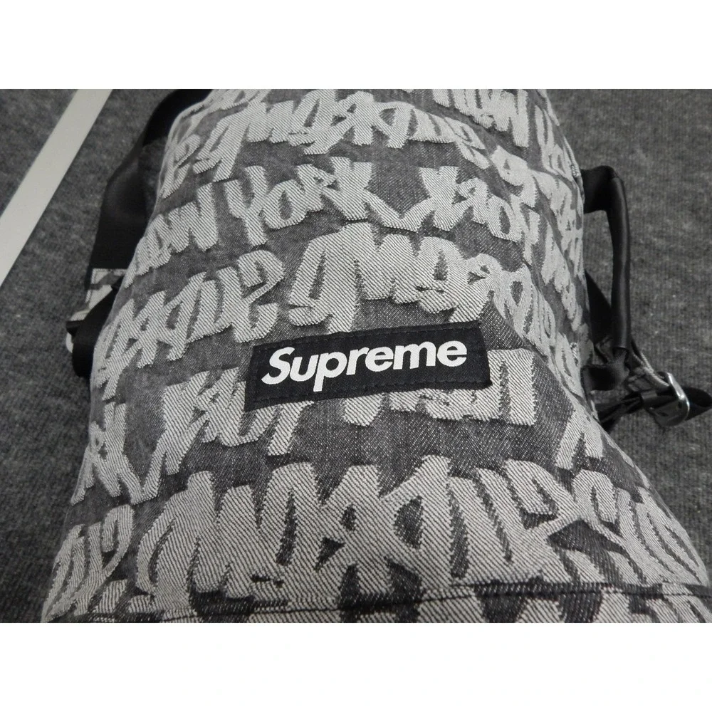 Supreme Fat Tip Jacquard Denim Backpack Black White Graffiti Logo Bag